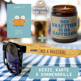 "No a Masserl" - Bundle mit Postkarte, Anti-Mücken-Kerze & Sonnenbrille