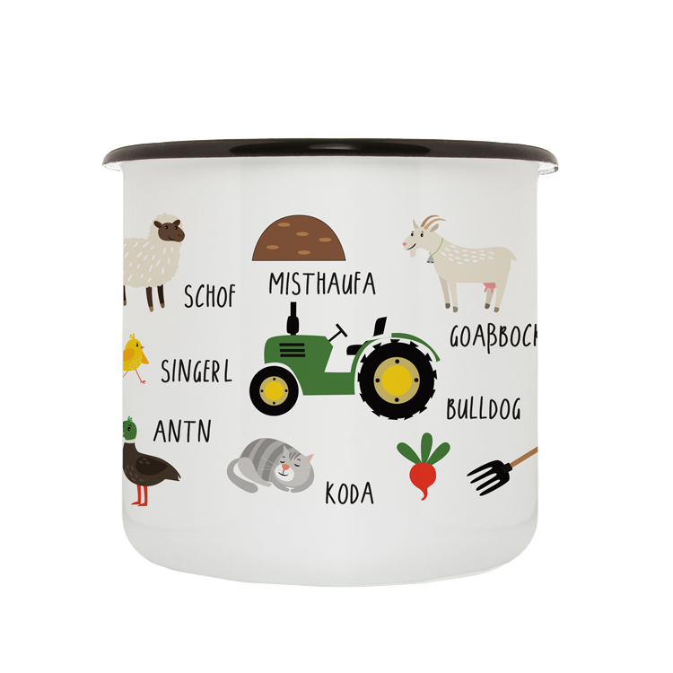 Geschenk Tasse Haferl bayerisch Kinder Bauernhof Emaille tasse Becher tiefer Bulldog Traktor bayrisch bairisch woidkind